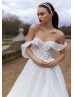 Off Shoulder White Glitter Lace Tulle Modern Wedding Dress